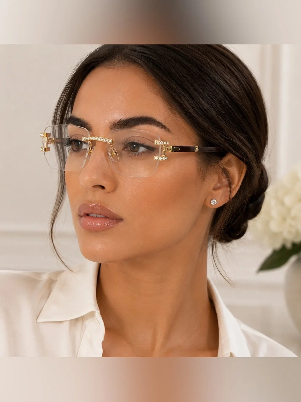 Brand New Rimless Clear Square Sunglasses Gold Brown Crystal Detail